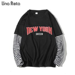 Una Reta TShirt Mens Spring Harajuku Men Clothing HipHop Stripe Splicing Tee Top Fake Two Pieces Long Sleeve Mans Tshirt 201116