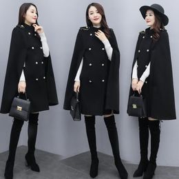 Women's Wool & Blends Autumn Winter Mid-Length Cloak Woollen Jackets For Women 2022 Fashion Overcoat Loose Black Poncho Coat Cape Femme L063W