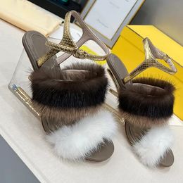 high heeled sandals luxury designer First mink Fur dress shoes Clear transparent heels open toes snakeskin leather wedge Large size women sandal