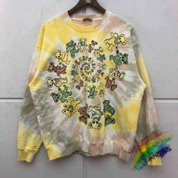 Oversize Tie-Dye Cartoon Bear Sweatshirts Men Women Best Quality Multicolor Crackle Graphic Hoodie Heavy Fabric Crew Neck T220721