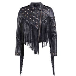 2020 New Women Biker Leather Jacket Tassels Female PU Leather Nail Star Short Fold-down Collar Zipper Fringed Punk Coats DB199 L220728