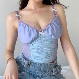 Sexy Women Crop Tops Lace Patchwork Sleeveless Y2K Milkmaid Tops V-neck Slim Bow Backless Ruched 90s Cute Tank Tops Camis 210401