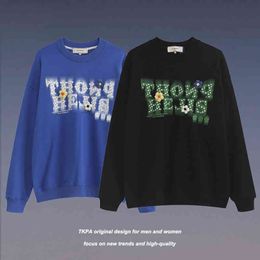 Tkpa Harajuku Letter Flocking Stickers Embroidered Round Neck Sweater Men and Women Guochao Brand Street Simple Ins Loose
