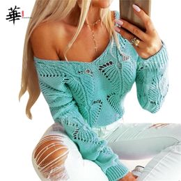 Women Hollow Out Sweater Pink Sexy Deep V Neck Knitted Fall Winter Tops Woman Loose Long Sleeve Sweaters Blue Green Jumper 201223