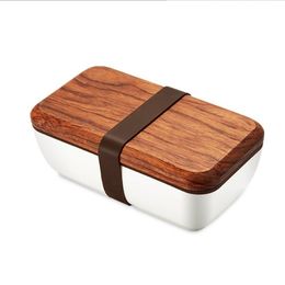 ONEUP Lunch Box Japanese Wood Bento Ceramic Bowl A Free Portable Food Container With Cutlery Students Picnic School Y200429