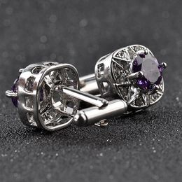 Mens White Purple Enamel Tie Crystal Zircon Cufflinks Round Wedding Party Cufflink French Shirt Cuff Buttons Jewelry Gifts