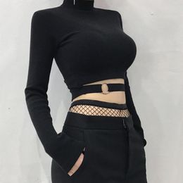 Women Slim Short T-shirt T Shirt Sexy Tight Turtleneck Long Sleeve Goth Crop Top Solid Black Club Autumn Spring Streetwear