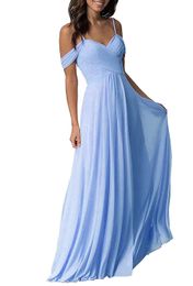 Sky Blue Chiffon Long Bridesmaid Dress 2022 Sexy Straps Sheath Lilac Champagne Wedding Guest Dress For Women Evening Party Wear Prom Maid Of Honor Dresses A Line