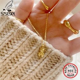 S'STEEL 925 Sterling Silber Original 100 % Teddybär Anhänger Halskette Charm Halsketten für Damen Designer Gold Halsloser Schmuck