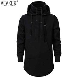 New Men's Long Hoodies Cloak Male Black Hooded Turtleneck Sweatshirts Pullovers Streetwear Hip Hop Hoodies M-2XL L220704