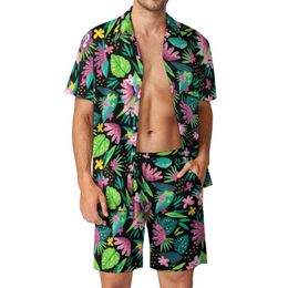 Men's Tracksuits Colourful Tropical Men Sets Flowers Leaves Print Casual Shorts Summer Fashion Beach Shirt Set Short-Sleeve Plus Size SuitMen