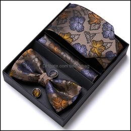 Bow Ties Fashion Accessories 100% Silk Birthday Gift Tie Hanky Pocket Squares Cufflink Set Necktie Box Purple Clothing A Dq7