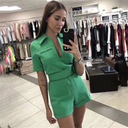 Spring New Women'S Short Sleeve Fashion MultiPocket Design Was Thin Belt Jumpsuit Pink Green Bodycon Club Party Jumpsuit 201007