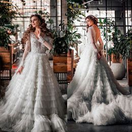 Deep V Neck Fancy Wedding Dress Tiered Ruffles Backless Bridal Gowns Lace Appliques Long Sleeves Robe de mariee