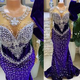 Plus Size Arabic Aso Ebi Luxurious Mermaid Sparkly Prom Dresses Beaded Crystals Royal Blue Evening Formal Party Second Reception Birthday Engagement Gowns Zj3