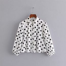 Newest women sweet polka dots print three quarter lantern sleeve turn down collar female stylish blouses blusas 201201
