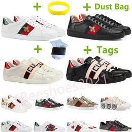 Mens Italy Bee Casual Shoes Women White Flat Leather Shoe Green Red Stripe Embroidered Couples Trainers Des Chaussures