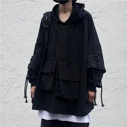 HOUZHOU Techwear Black Hooded Sweatshirts Men's Hoodies Goth Darkwear Gothic Clothes Punk Clothing Japanese Streetwear Hip Hop 220402