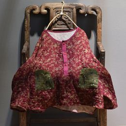 Women's Blouses & Shirts Women Shirt Print Floral O Neck Pockets 2022 Spring Autumn Cotton Linen Long Sleeve Fashion Big Size BlouseWomen's