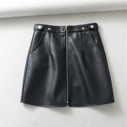 toppies black faux leather mini skirts front zipper high waist skirts Korean style streetwear winter clothes 210306