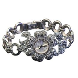 Women Flower Style Pave Marcasite 925 Sterling Silver Wrist Watches eal Silver Bracelet Watches Real Silver Bangle T200420