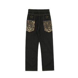 Men's Jeans Back Pockets Leopard Stars Embroidery Ripped Spliced Mens Denim Pants Spring High Street Oversized Casual Loose TrousersMen's