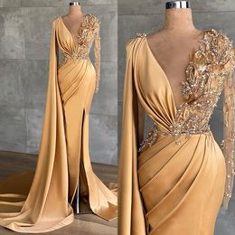 Chic Yellow Sheer V Neck Evening Dresses Lace Appliques Split Prom dresses Ruffles Illusion Women Formal Floor Length Pageant Gowns