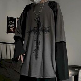 T-shirt Cross of Thorns fake two-piece for men women long-sleeved dark hip-hop loose large size autumn trend top Simplicity 220323