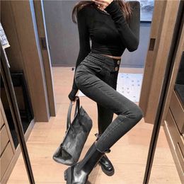 JXMYY autumn product fashion design sense double waist high waist skinny stretch jeans trendy women 210412