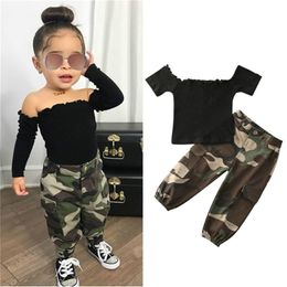 1 6Y Fashion Kids Baby girl Clothing Girl Outfits Black Short Sleeve Off Shoulder T shirt Tops Camouflage Pants Outfit 2pcs 220620
