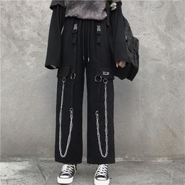 QWEEK Gothic Harajuku Cargo Pant Punk Chain Wide Leg Trousers Female Korean Style Oversized Streetwear Techwear Emo 220325