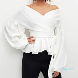 White Office Lady Elegant Lantern Sleeve Belted Peplum Shirts Plus Size Off Shoulder Solid Blouse Sexy Women Tops Chemise