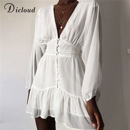 DICLOUD Sexy Plunge V Neck Women s Summer Dress White Lace Long Sleeve Mini Party Dress Autumn Ruffle Elegant Clothes 2020 LJ200815