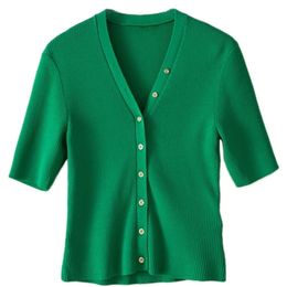 Single Breasted V Neck Knitwear With Button Women Retro Summer Short Sleeve Knit Cardigan Thin Top B-127 220408