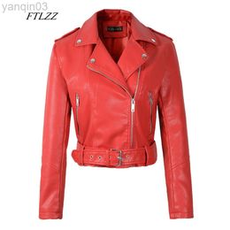 Women Faux Soft Leather Short Jacket Rivet Epaulet Zipper Pu Motorcycle Basic Jackets Female Red Black Outerwear With Belt L220801