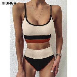 INGAGA High Waist Bikinis Swimwear Women Push Up Swimsuits Ribbed Splicing Bikini Set Bathing Suit Women 2020 Biquini Swim Suit T200708