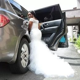 Bling African Nigeria Mermaid Wedding Dresses Off Shoulder Crystal Beaded Tiered Ruffle Court Train Custom Plus Size Formal Bridal Gown BA6139