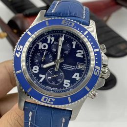 Blue Dial Luminous Mens Watches Quartz Chronograph Chronometer 46 Watch Leather Strap Wristwatches With Working Subdials