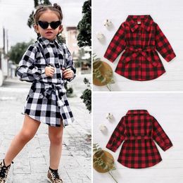 Girl's Dresses Kids Baby Girl Red Plaids Shirt Dress Christmas Clothes Party Long Sleeve Waistband Mini Child Cotton Xmas 1-5YGirl's