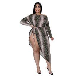 Plus Size Dresses Asymmetry Snakeskin Printed Maxi For Women Off The Shoulder Long Sleeve Sexy Skirt Autumn Clothing 3XL 4XL