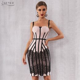 Adyce Sexy 2021 New Summer Bandage Dress Women Vestido Bodycon Lace Spaghetti Strap Club Dress Midi Celebrity Runway Party Dress 210302