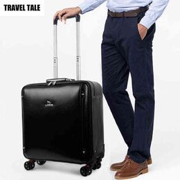 TRAVEL TALE men Leather rolling luggage trolley vintage spinner carry on business suitcase J220708 J220708