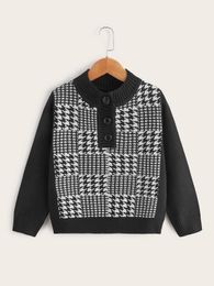 Toddler Boys Houndstooth Pattern Half Button Sweater SHE