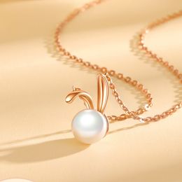 S925 Sterling Silver Pearl Rabbit Necklace Female Summer Ins Korean Style Light Minority Design Pendant Clavicle Chain Silver Jewelry