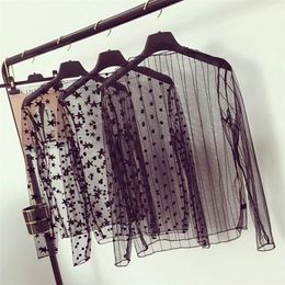 Fashion Brand Sexy Long Sleeve See Through Mesh Fishnet Casual Top Tee Shirt Sheer Black Lace Star Dots Top 220518