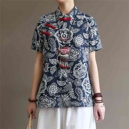 Literature and Art Chinese style Blue Flower cloth Flag robe short sleeve Summer Cotton and Ramie sweater Women's 210401
