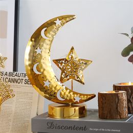 Golden Ramadan Festival Hollow Moon Leaf EID Candlestick With Battery Glowing Holiday Decoration Ornaments 220527