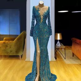 Sparkly Mermaid Evening Dress 2023 Lace Sequin Long Sleeve Prom Gowns Sheer Neckline Beading Formal Dresses Vestidos De Novia