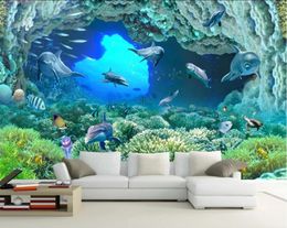 Custom 3D Wallpaper Mural Dolphin ultra clear underwater coral 3D TV background wall stickers
