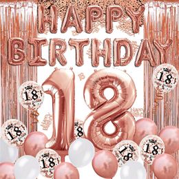 18th Rose Gold Birthday Party Decoration Happy Birthday Banner Helium Number Balloon 18 XXL 2 Rose Gold Fringe Curtain Latex 220527